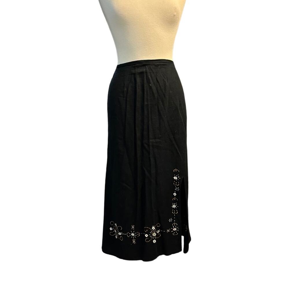 Requirements Linen Blend Black Midi Skirt Embroidered Details Beaded Design O3